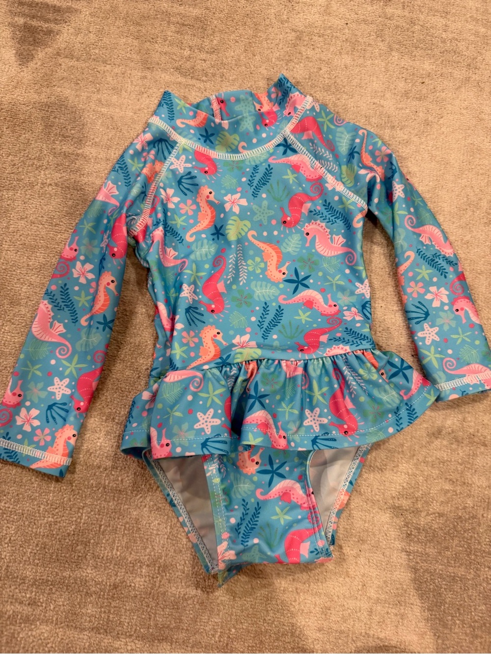 Flap Happy Swimsuit Blue Long-Sleeve Seahorse Ruffle One-Piece - Pink Accents